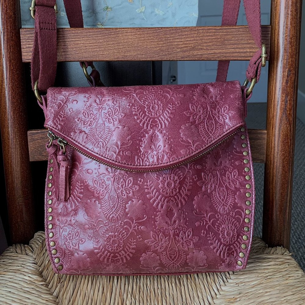 THE SAK Silverlake Cabernet Floral Embossed Leather Flap Crossbody Purse